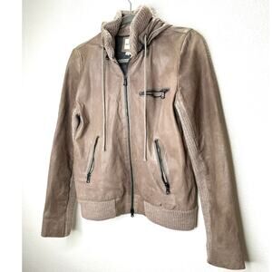 Haute Hoodie Fawn Taupe Lamb & Ribbed Knit Front Zip Hoodie Jacket S